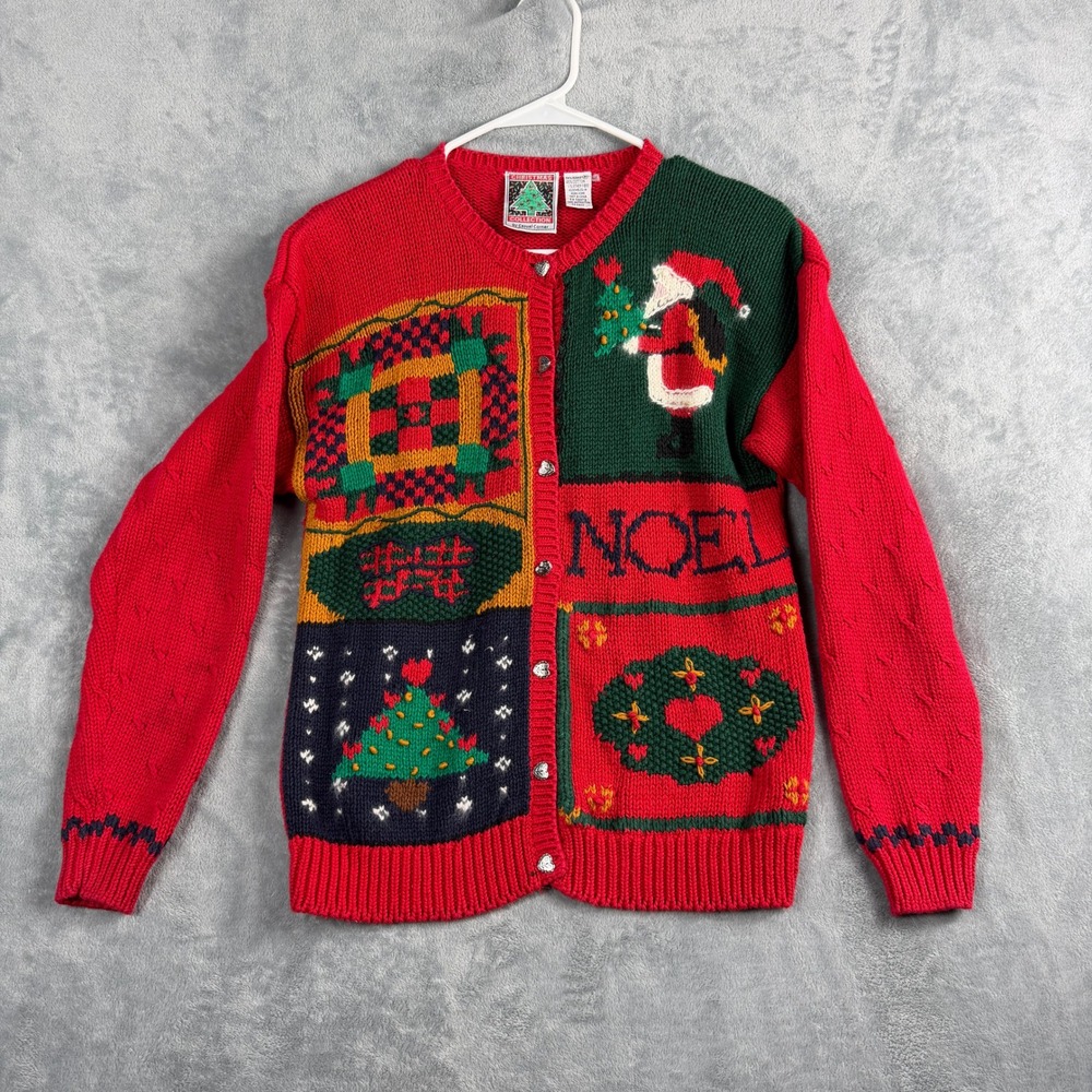 Casual Corner Womens M Red Christmas Cardigan Santa Noel Patchwork Boho Y2K